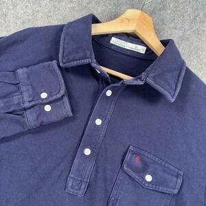 Criquet Polo Shirt Mens XL Navy Blue Organic Cotton Long Sleeve Pocket Golf